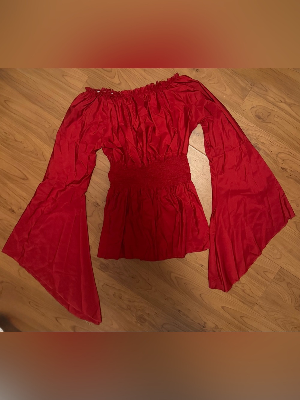Red Off-the-Shoulder Smocked Waist Women's Top